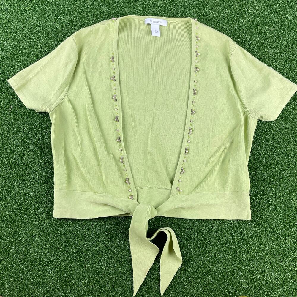 Vintage Dressbarn Short Sleeve Embellished Beads Rib Knot Hem Cardigan Sz 8